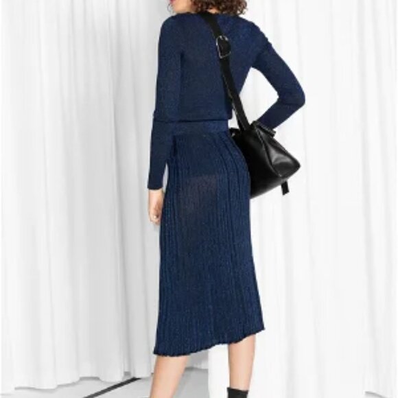 Other Stories Glittery Pleat Rib Midi Skirt Navy Size XS - Picture 3 of 9